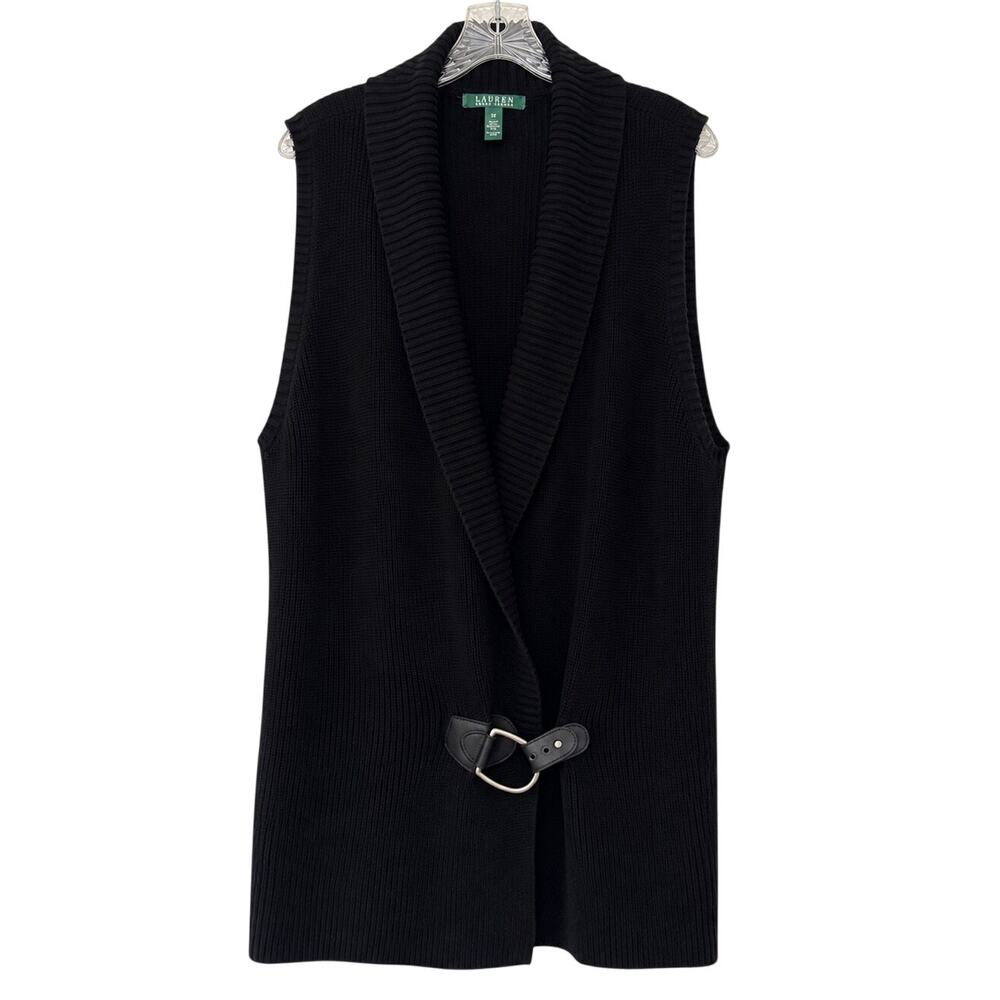 Ralph Lauren Plus Sz 2X Black Knit Wrap Sweater Vest Shawl Collar Leather Buckle
